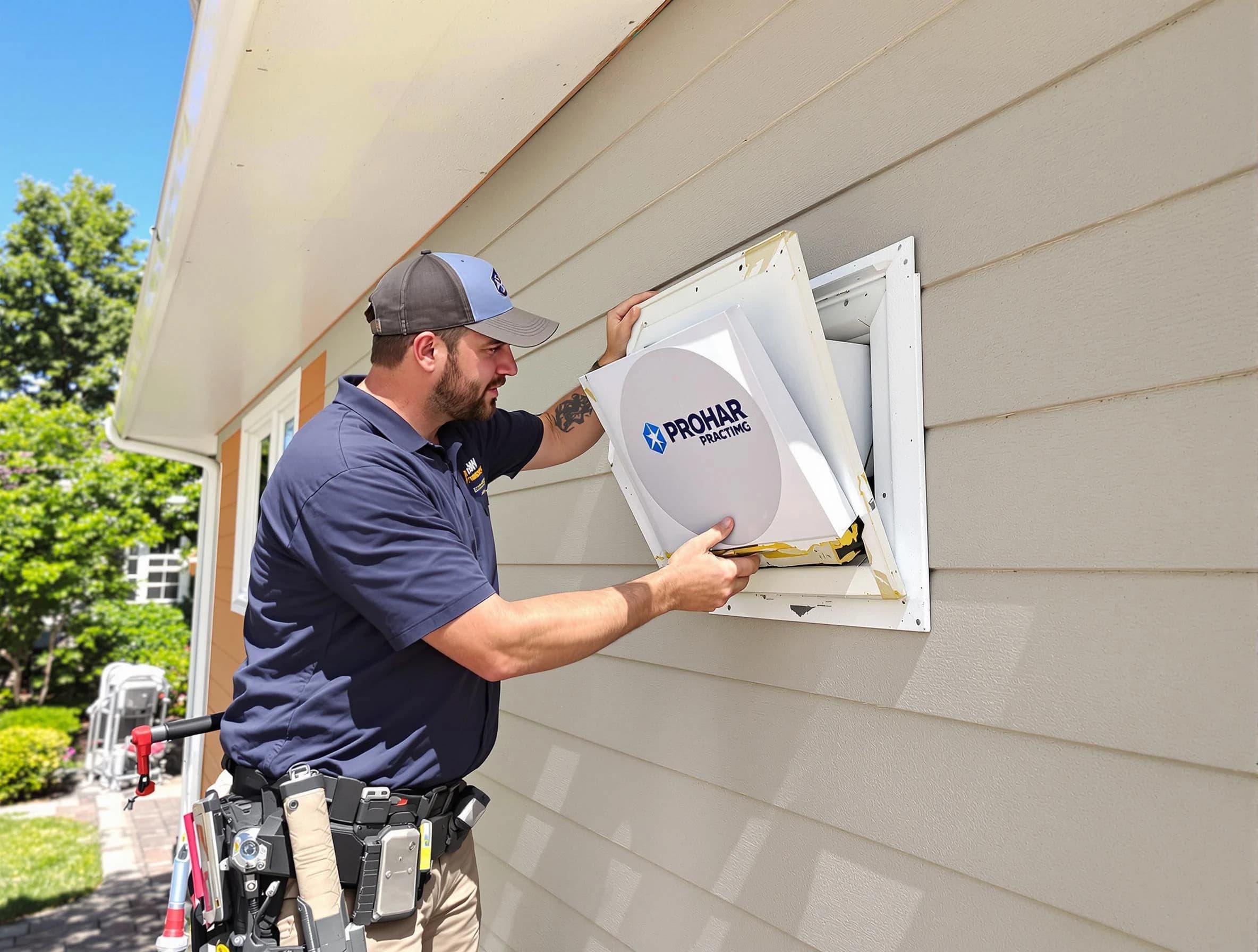 Conyers Dryer Vent Cleaning technician installing a new protective dryer vent cover on a home in Conyers
