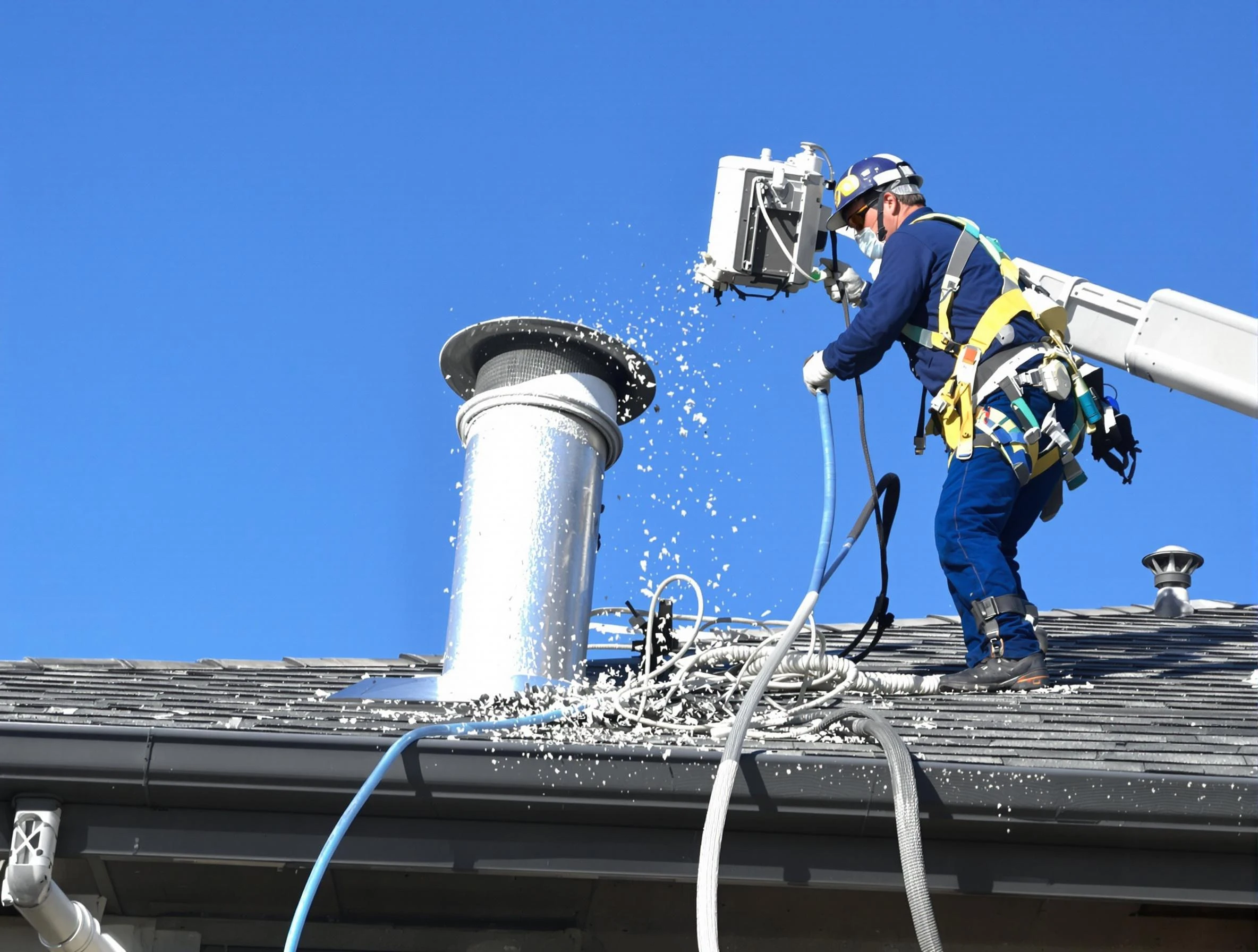 Conyers Dryer Vent Cleaning certified technician safely cleaning a roof-mounted dryer vent in Conyers