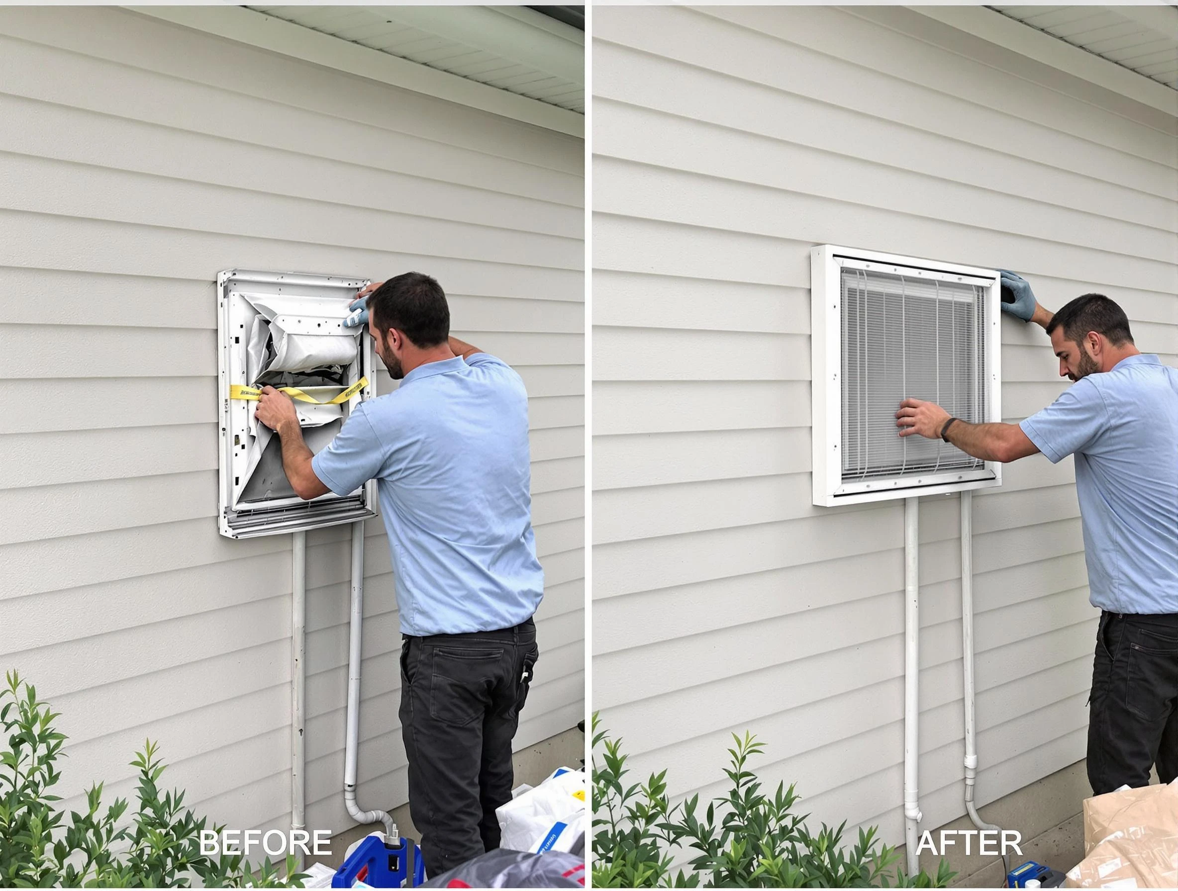 Conyers Dryer Vent Cleaning technician installing high-quality dryer vent cover at a residential property in Conyers